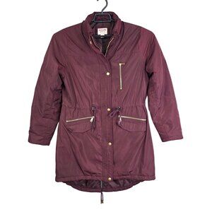 Womens Burgundy Mossimo Supply Co Quilted Long Jacket Gold Accents Drawstrings M
